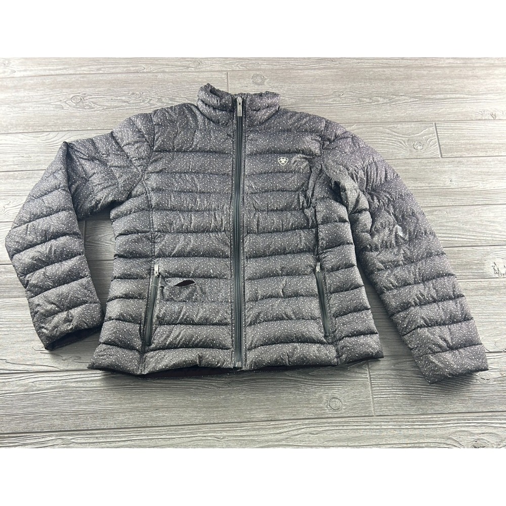 Ariat Ideal Down Women Large Puffer Jacket Gray Speckled Full Zip Herringbone